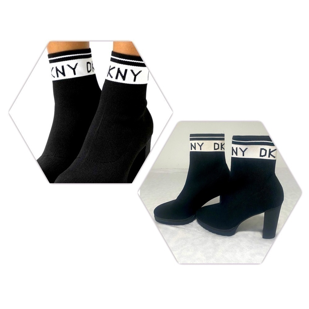 DKNY Tessa Knitted Sock Ankle Boots White Logo Band Block Heel Pull On Size 8M